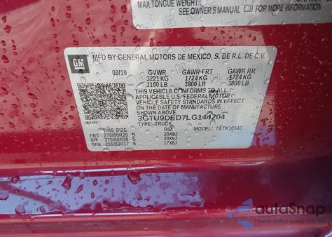 2020 GMC Sierra 1500 4Wd Short Box Slt z USA, uszkodzony, nr VIN 3GTU9DED7LG144204